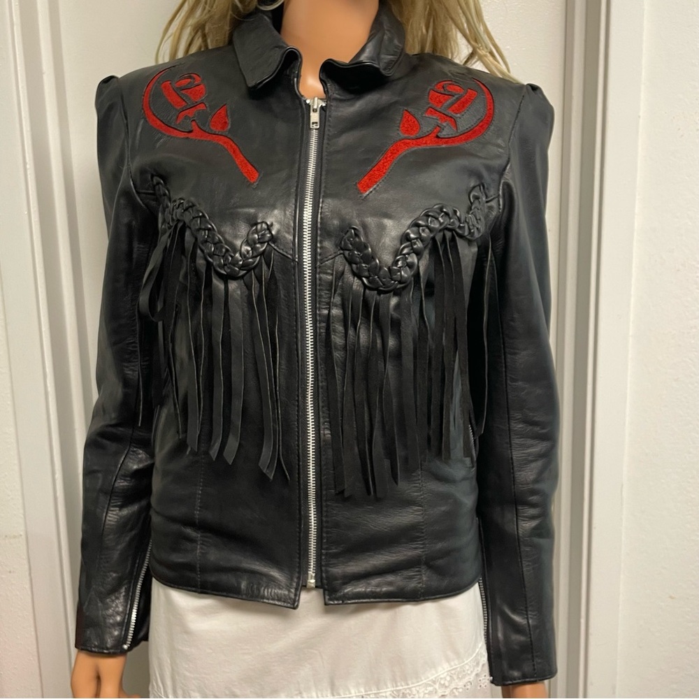 Vintage 80s Rose Fringed Genuine Leather Biker Jacket Motorcycle Size S